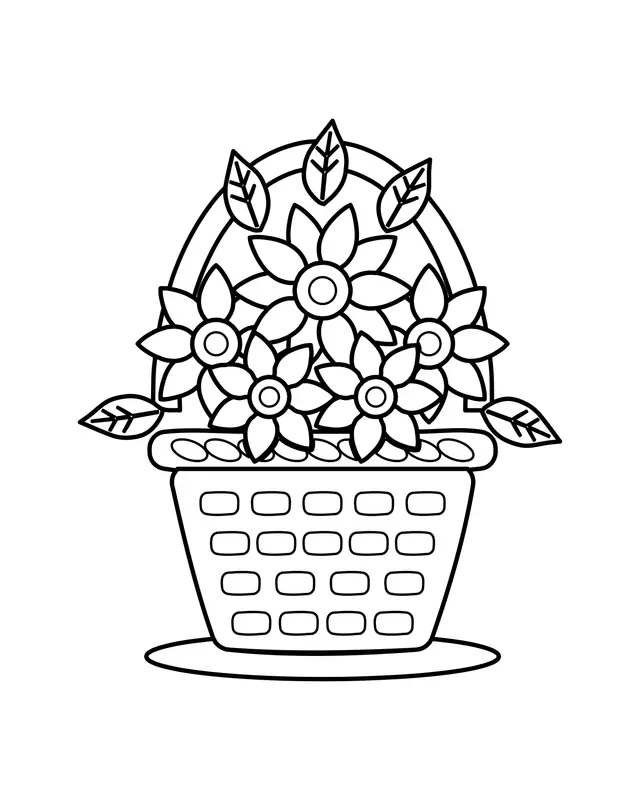 Coloring page of a woven basket with a tall handle filled with flowers and leaves, sitting on grass.