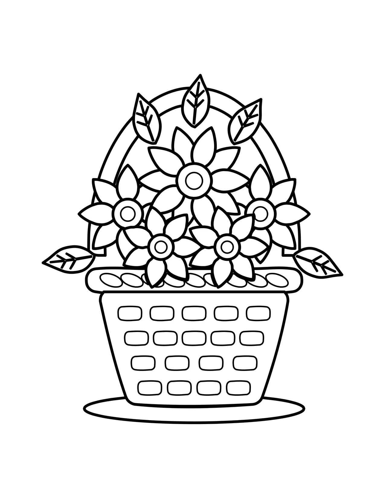 Coloring page of a woven basket with a tall handle filled with flowers and leaves, sitting on grass.