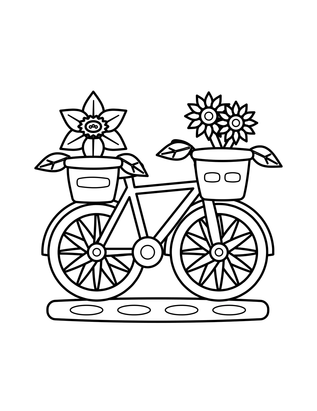 Bicycle coloring page with a rear basket holding a daffodil and a front basket holding two sunflowers, on a cobbled path.