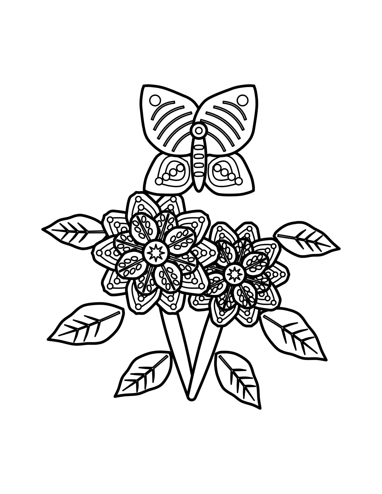 Patterned butterfly hovering above two dotted peonies with serrated leaves on a shared stem.