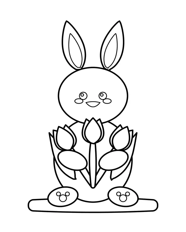 Cute round bunny with tall ears sitting on grass and holding three tulips between its paws.