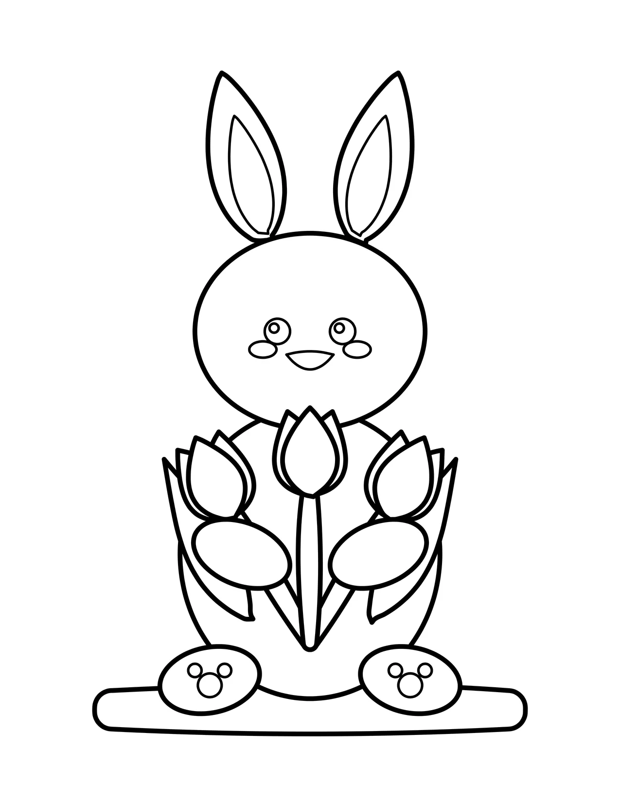Cute round bunny with tall ears sitting on grass and holding three tulips between its paws.
