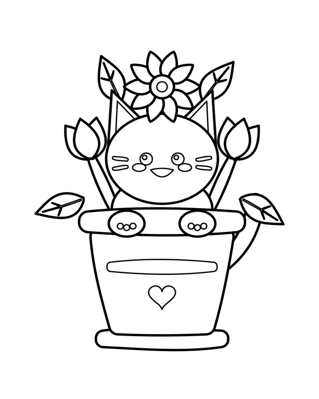Cute smiling cat peeking from a flowerpot with a heart, a daisy between its ears and tulips at each side.