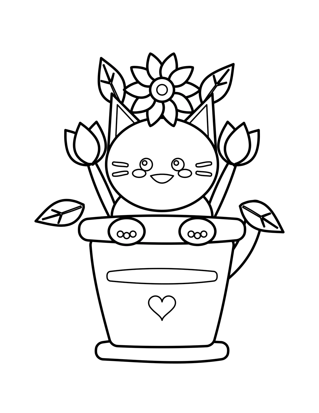 Cute smiling cat peeking from a flowerpot with a heart, a daisy between its ears and tulips at each side.