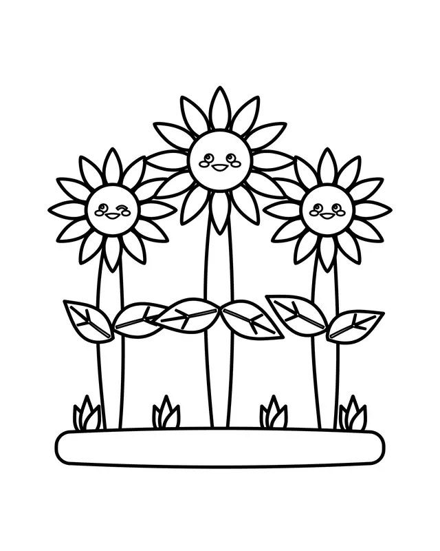 Three cute smiling daisies holding leaf hands on a grassy strip, the middle flower standing a little taller.