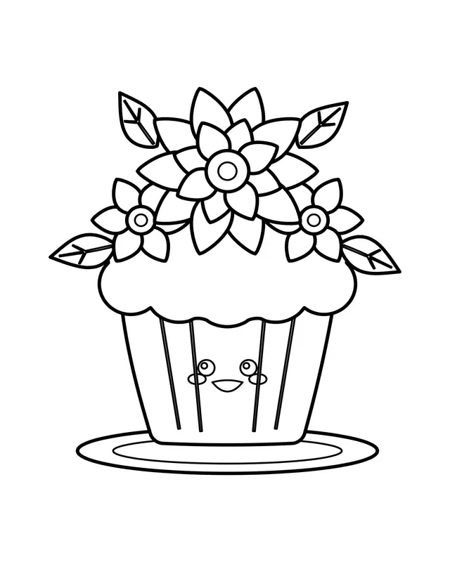 Cute smiling cupcake on a plate topped with a large flower, two smaller blooms and four leaves.
