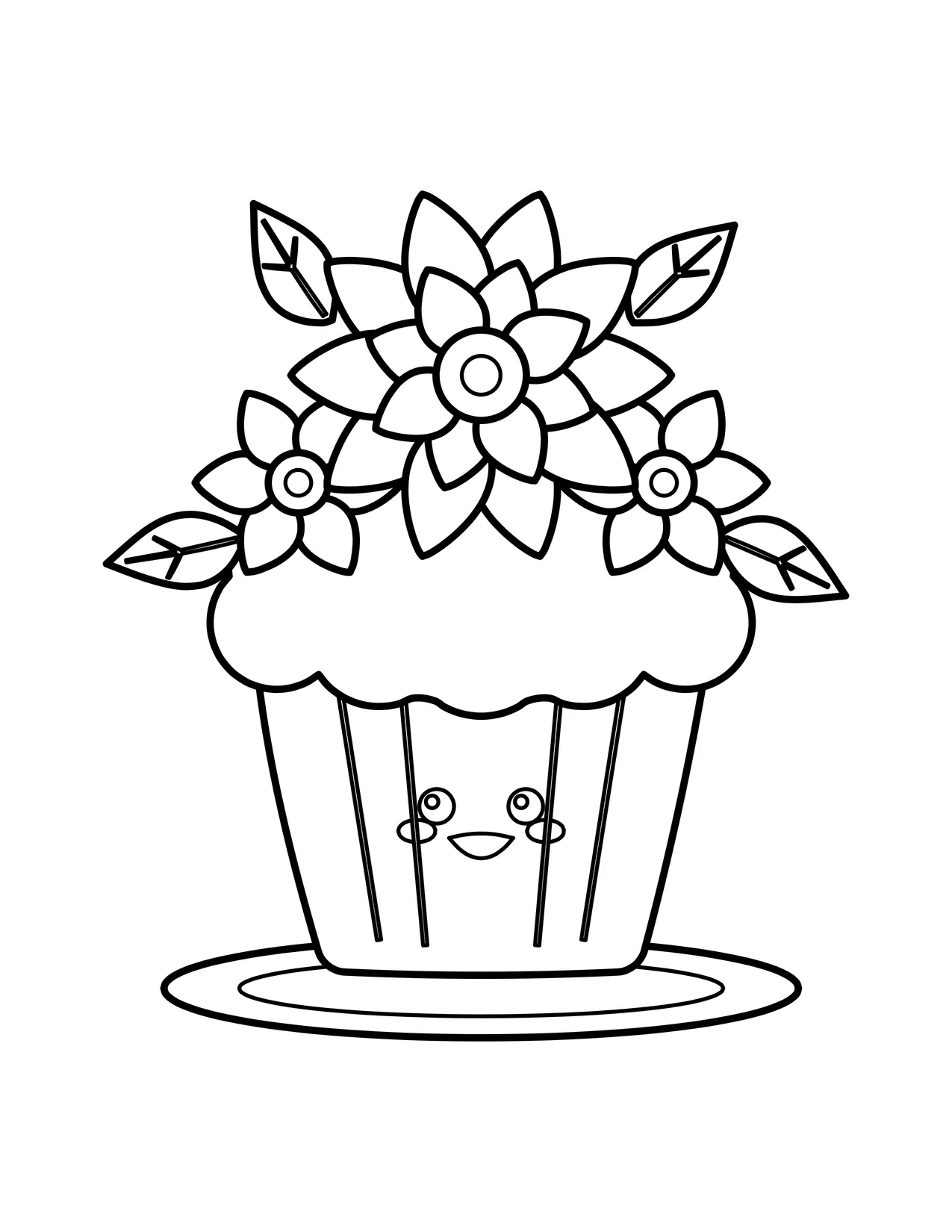 Cute smiling cupcake on a plate topped with a large flower, two smaller blooms and four leaves.