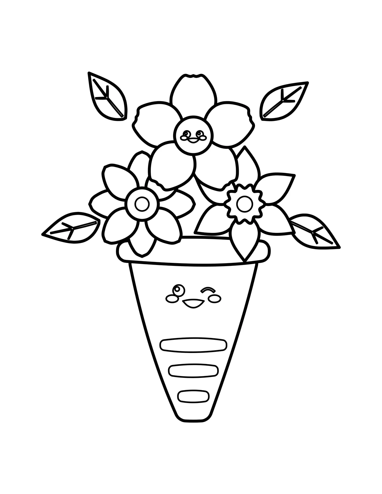 Cute winking ice cream cone holding three flower scoops and small leaves, with a smile on the cone.