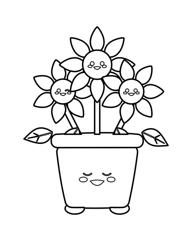 Kawaii coloring page of a smiling flowerpot with little feet holding three small flowers that each have a happy face.