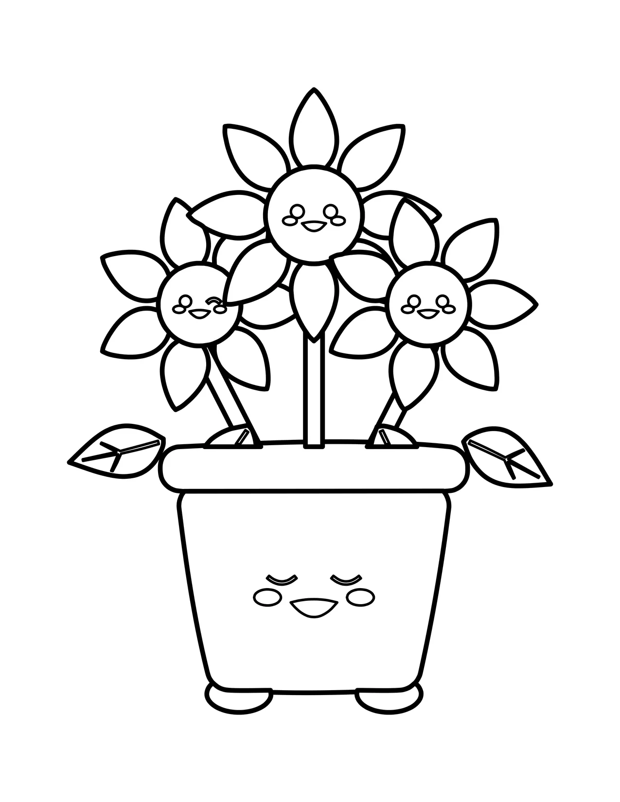 Kawaii coloring page of a smiling flowerpot with little feet holding three small flowers that each have a happy face.