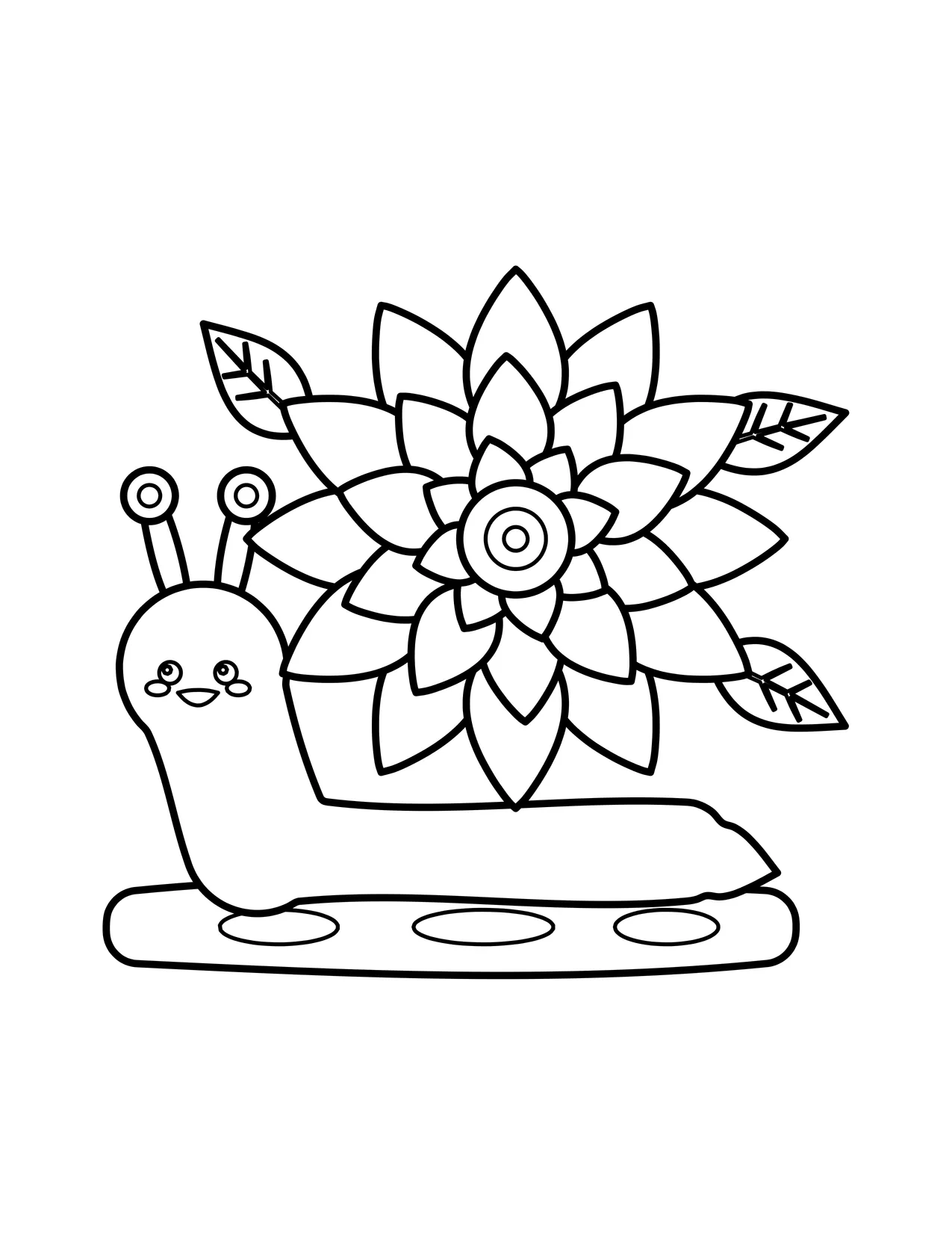 Cute smiling snail on a dotted path carrying a large layered flower as its shell, with small leaves.