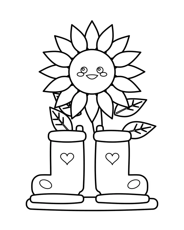 Cute smiling sunflower growing out of a pair of rain boots with heart marks, standing on a small mat.