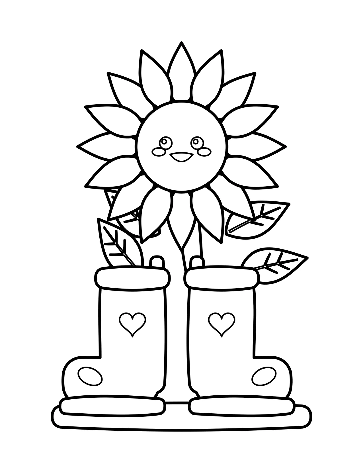 Cute smiling sunflower growing out of a pair of rain boots with heart marks, standing on a small mat.
