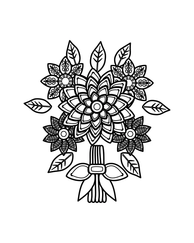 Detailed flower bouquet coloring page for adults with layered, patterned blooms and leaves gathered and tied with a ribbon bow.