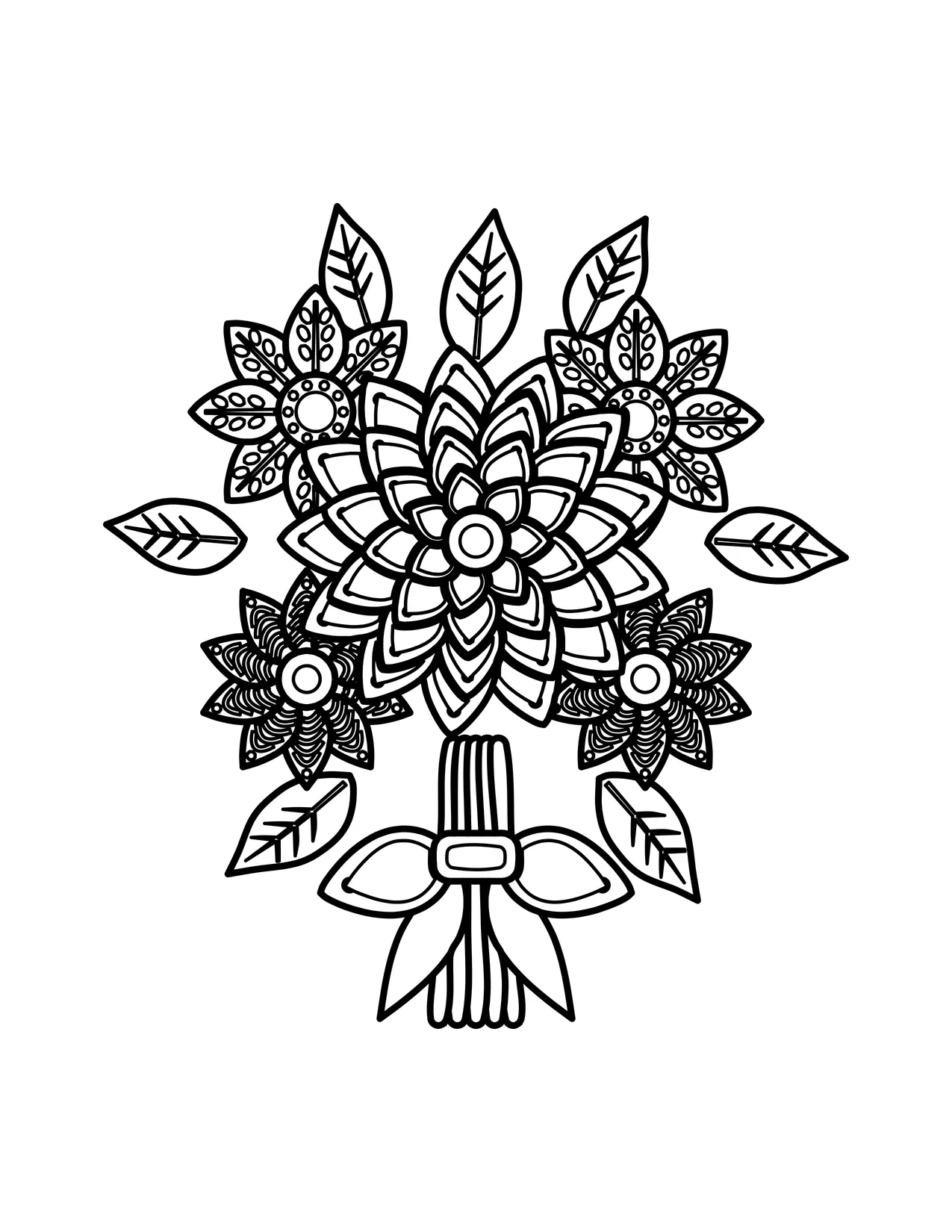 Detailed flower bouquet coloring page for adults with layered, patterned blooms and leaves gathered and tied with a ribbon bow.