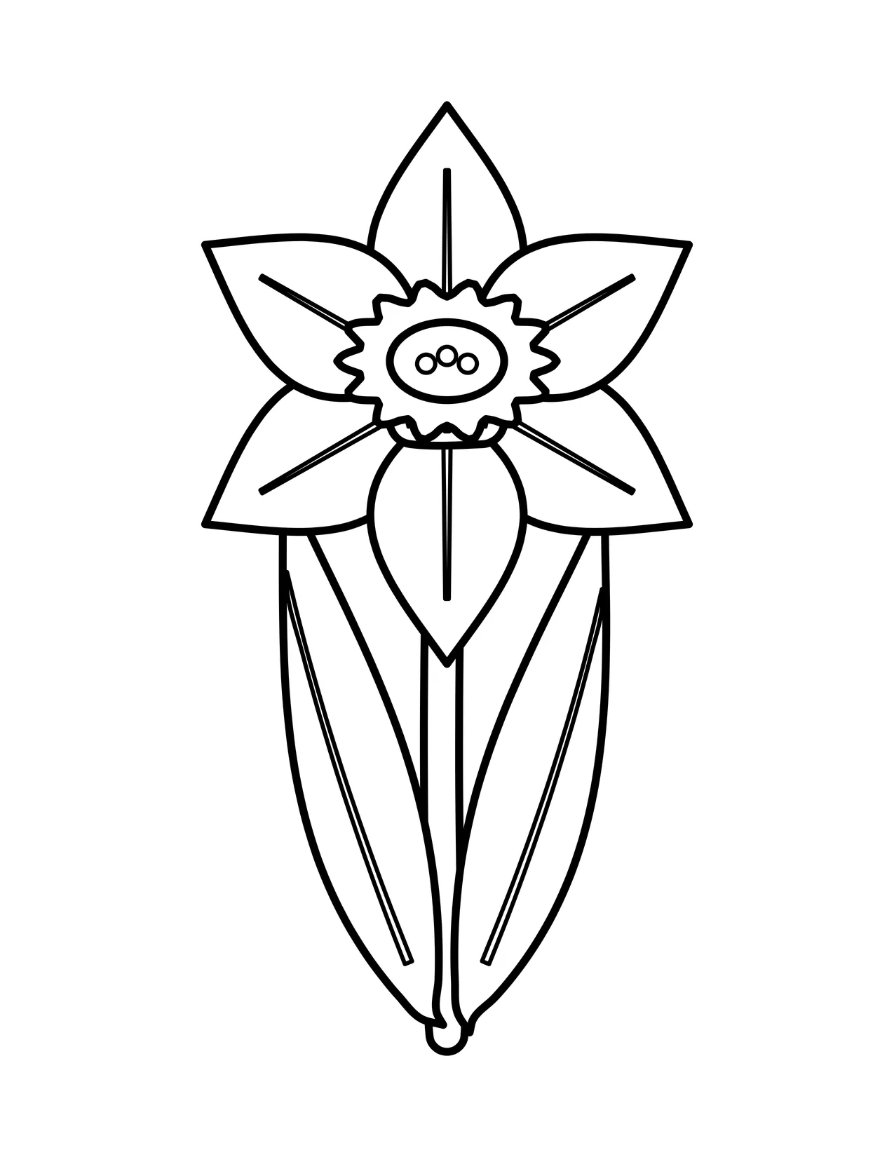 Bold daffodil coloring page with six pointed petals, a ruffled cup, a long stem and two tall leaves.