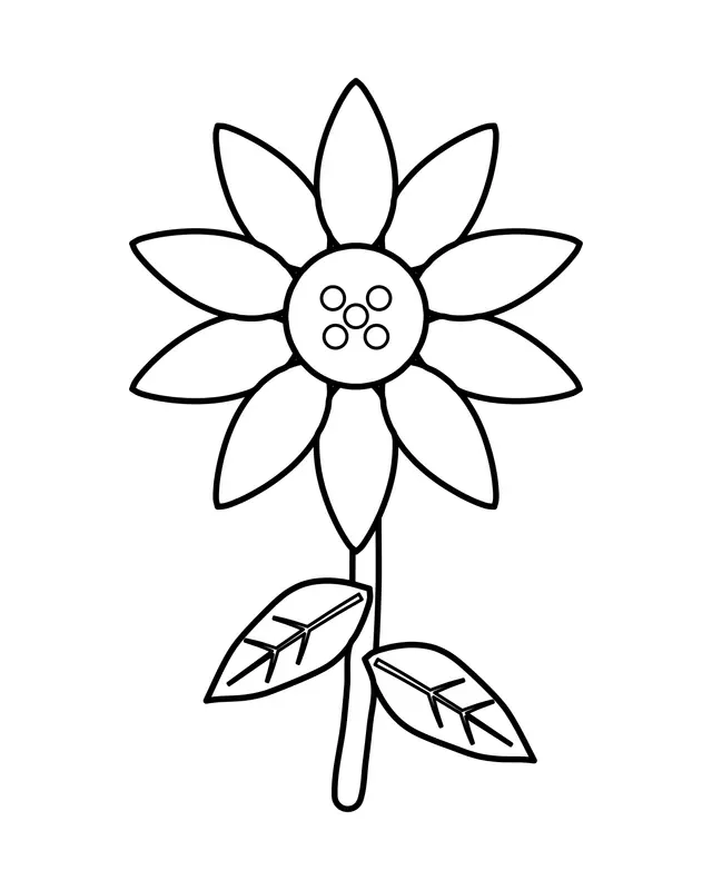 Easy daisy coloring page with long rounded petals around a dotted button center, a curved stem and two leaves, outlined in bold black.