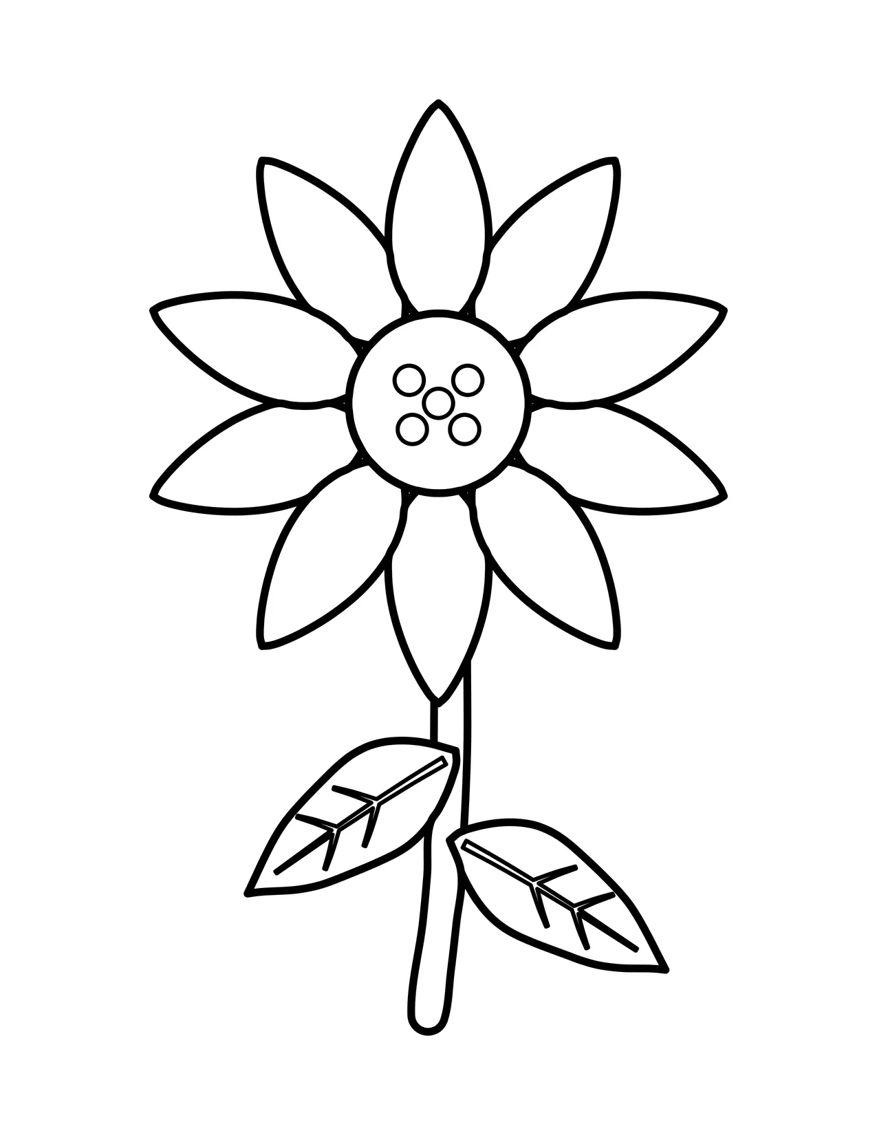 Easy daisy coloring page with long rounded petals around a dotted button center, a curved stem and two leaves, outlined in bold black.