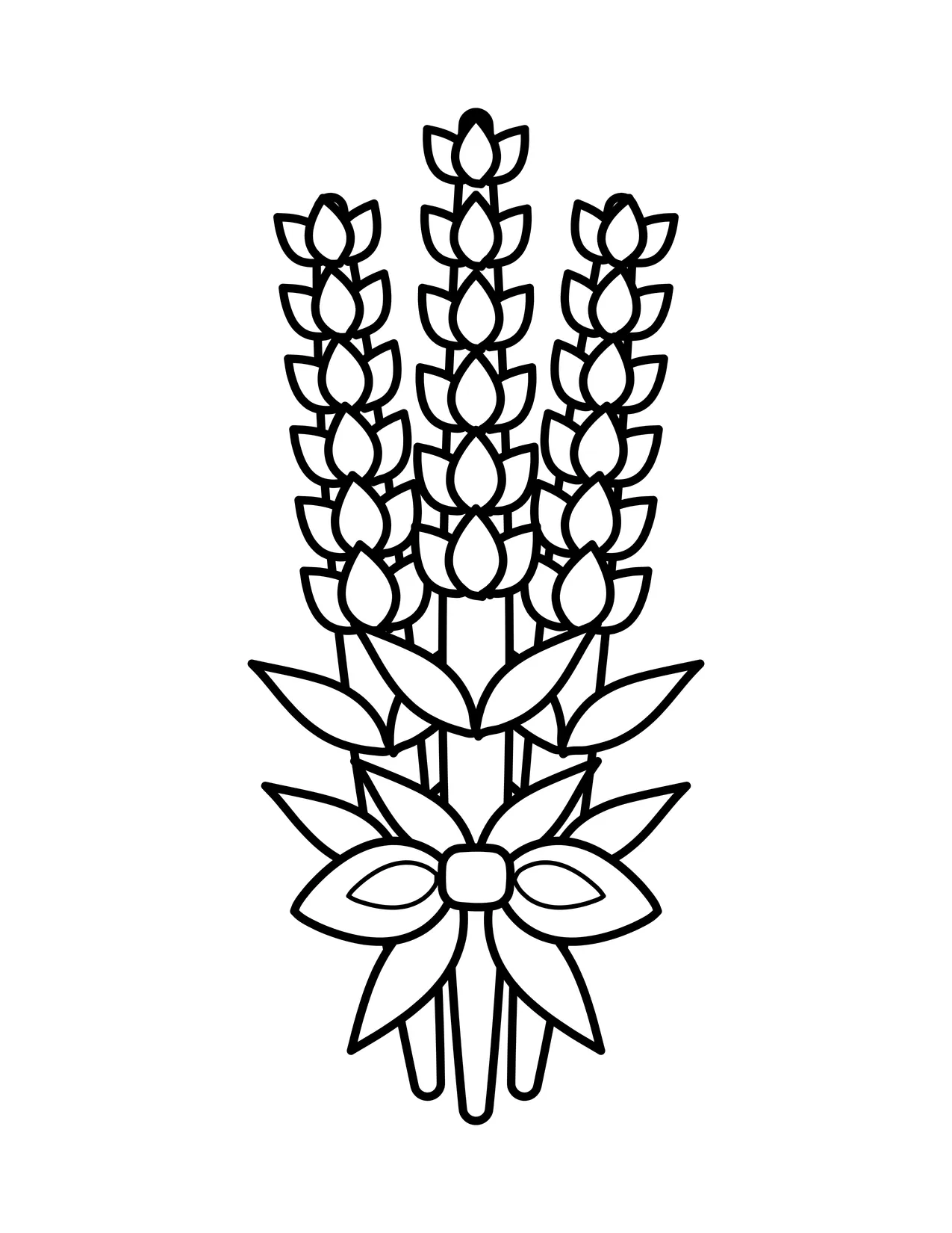 Three lavender stems tied with a ribbon bow, each spike lined with small oval buds and narrow leaves.