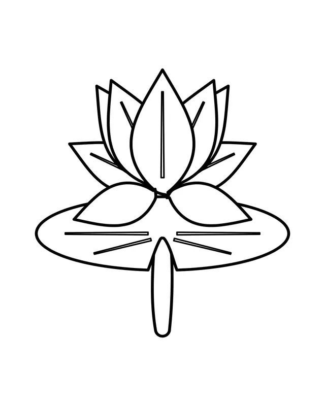Easy lotus coloring page with pointed layered petals rising from a notched lily pad on a single stem.