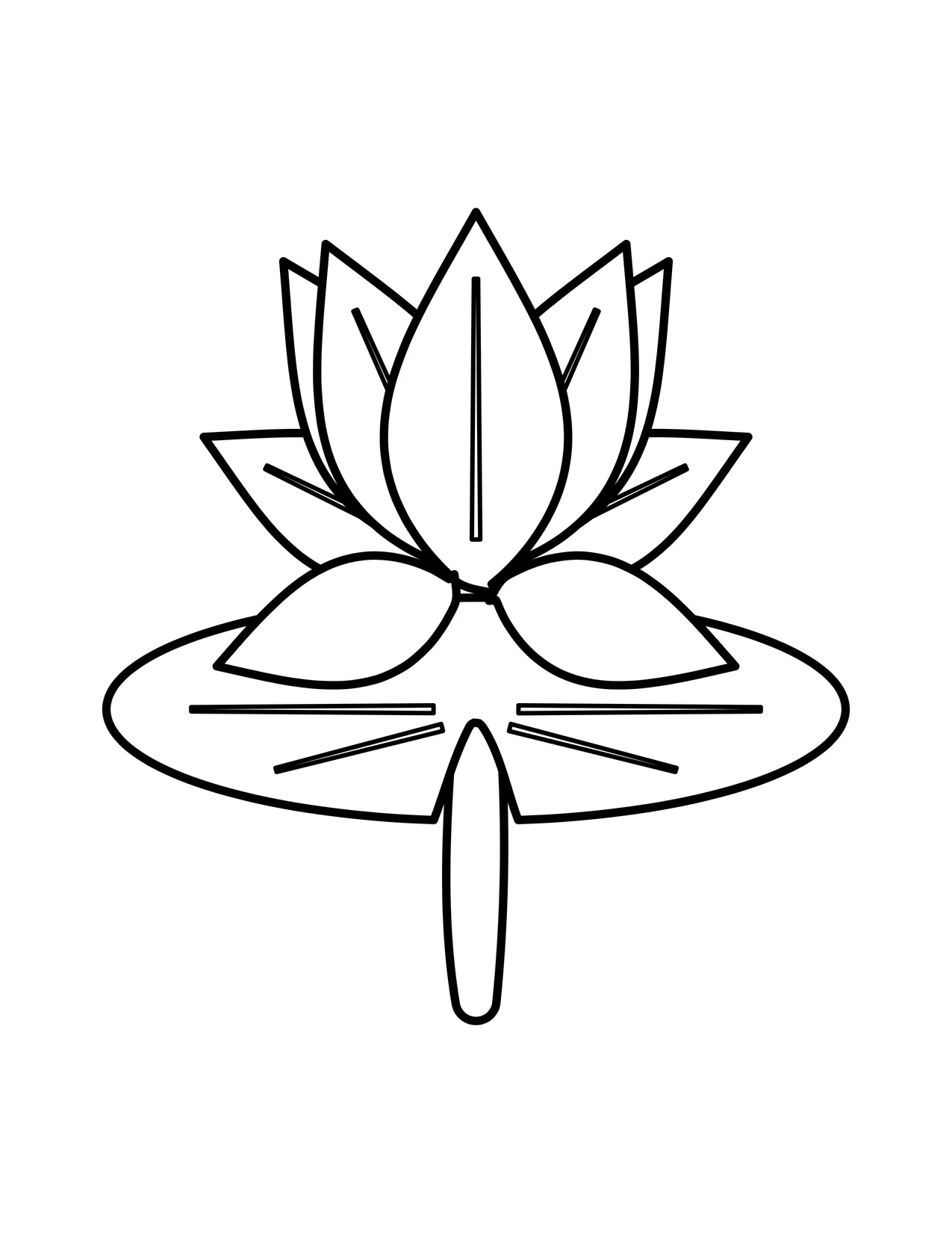Easy lotus coloring page with pointed layered petals rising from a notched lily pad on a single stem.