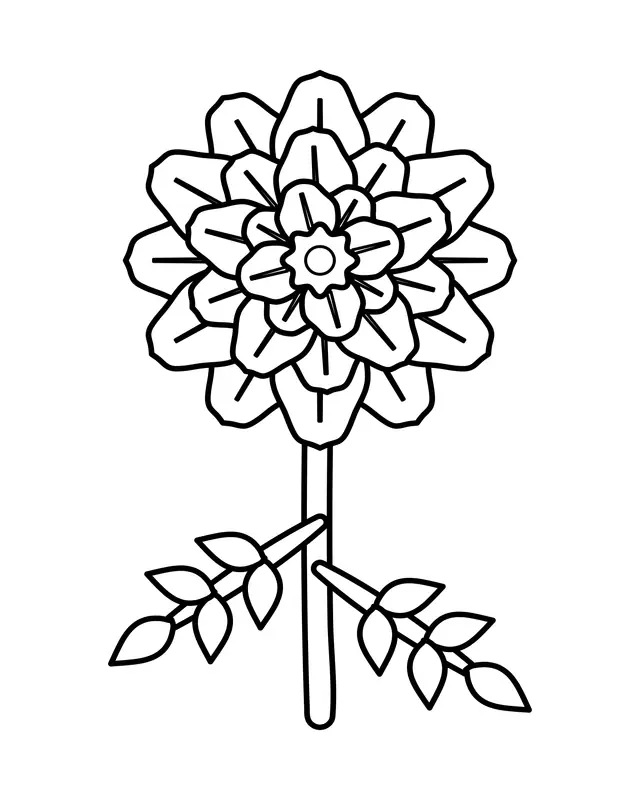 Easy marigold coloring page with stacked ruffled petals around a round center on a stem with two leafy side branches.