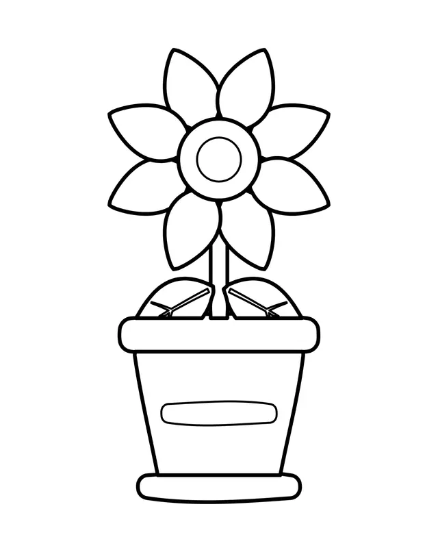 Easy coloring page of a single flower with a round center and two leaves growing in a simple flowerpot with a band around the rim.