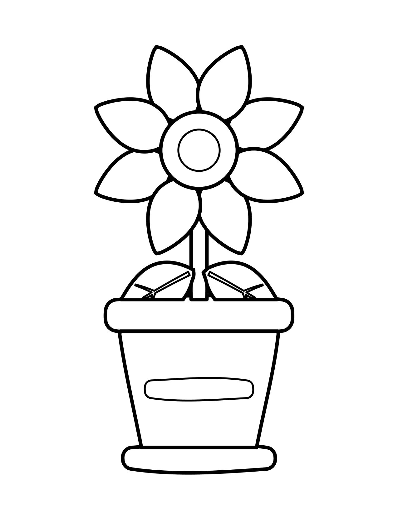 Easy coloring page of a single flower with a round center and two leaves growing in a simple flowerpot with a band around the rim.