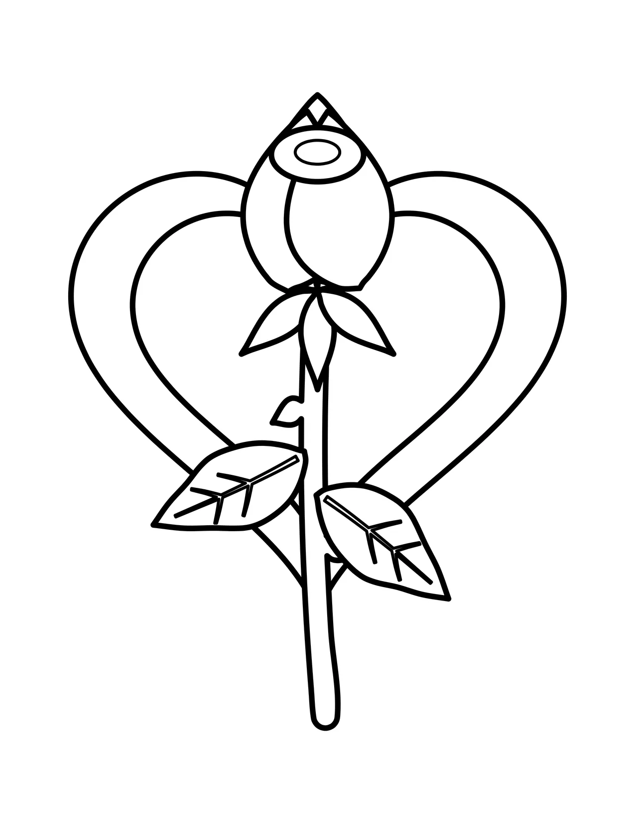 Closed rose bud with two leaves and a stem drawn inside a large heart outline coloring page.