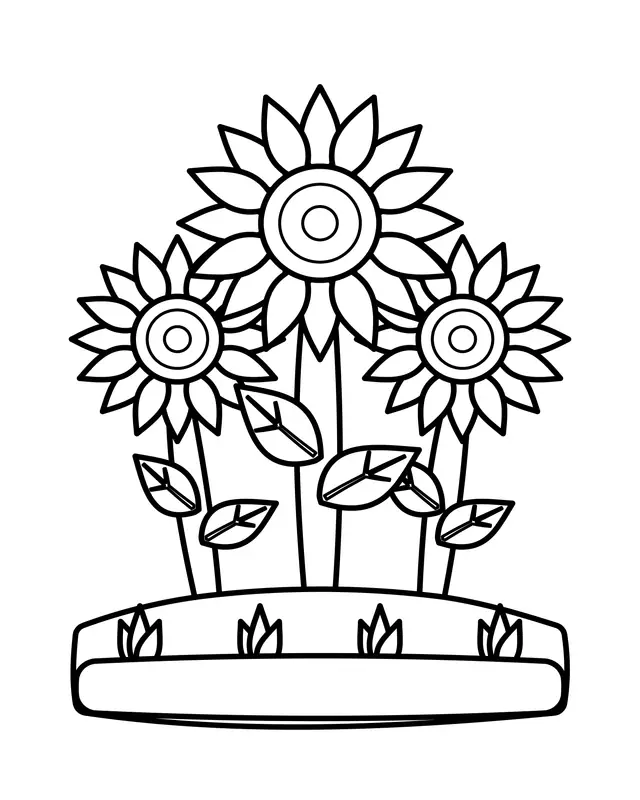 Three sunflowers of different heights with pointed petals and ringed centers growing from a grassy hill coloring page.