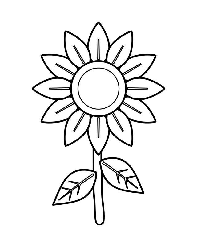 Easy sunflower coloring page with wide pointed petals, a round seed center, a straight stem and two large leaves, in bold black outlines.