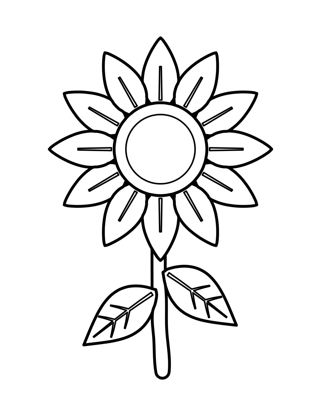 Easy sunflower coloring page with wide pointed petals, a round seed center, a straight stem and two large leaves, in bold black outlines.