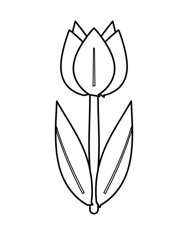 Simple tulip coloring page showing one cup-shaped tulip on a tall stem with two long sweeping leaves, in thick black lines.