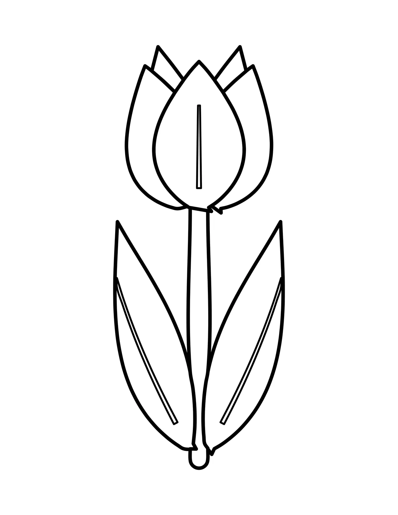 Simple tulip coloring page showing one cup-shaped tulip on a tall stem with two long sweeping leaves, in thick black lines.