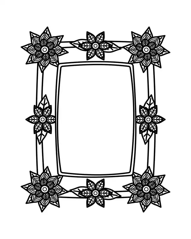 Rectangular floral frame coloring page with patterned corner flowers, side blooms and an empty center for a name or drawing.