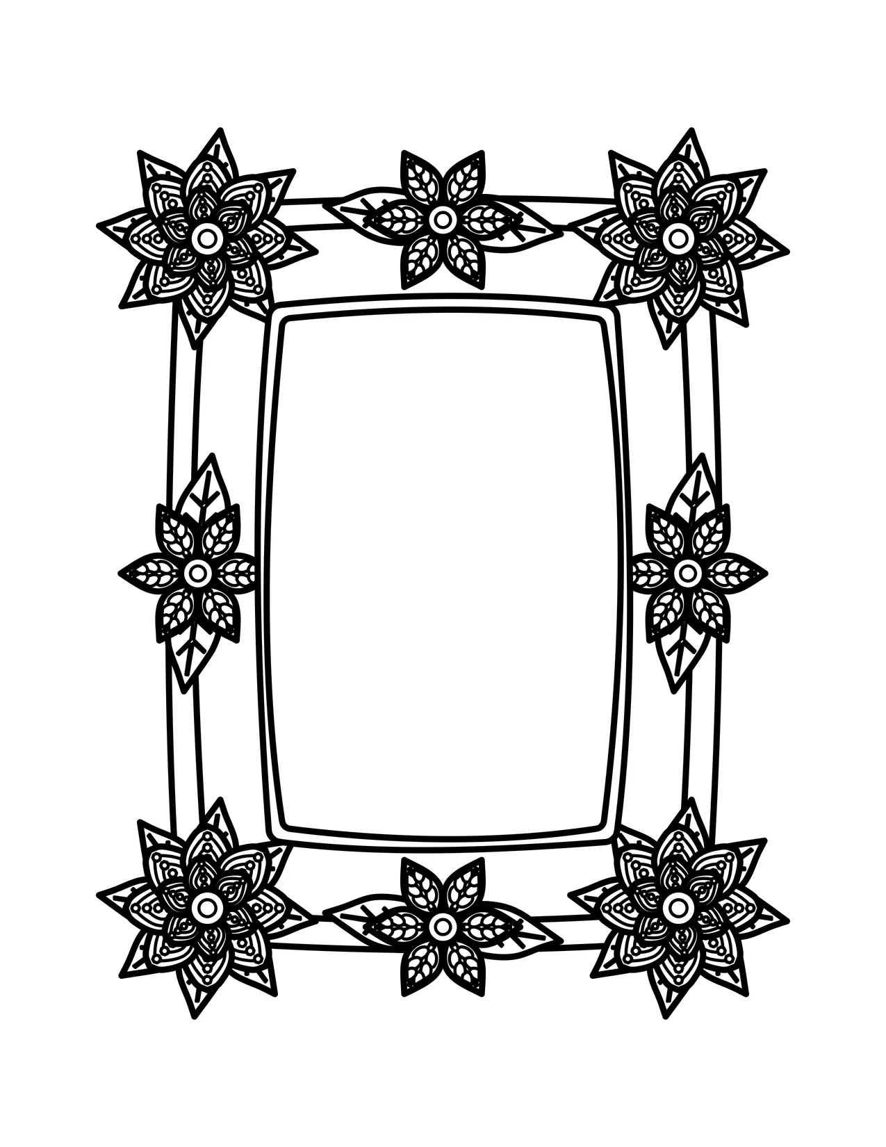 Rectangular floral frame coloring page with patterned corner flowers, side blooms and an empty center for a name or drawing.