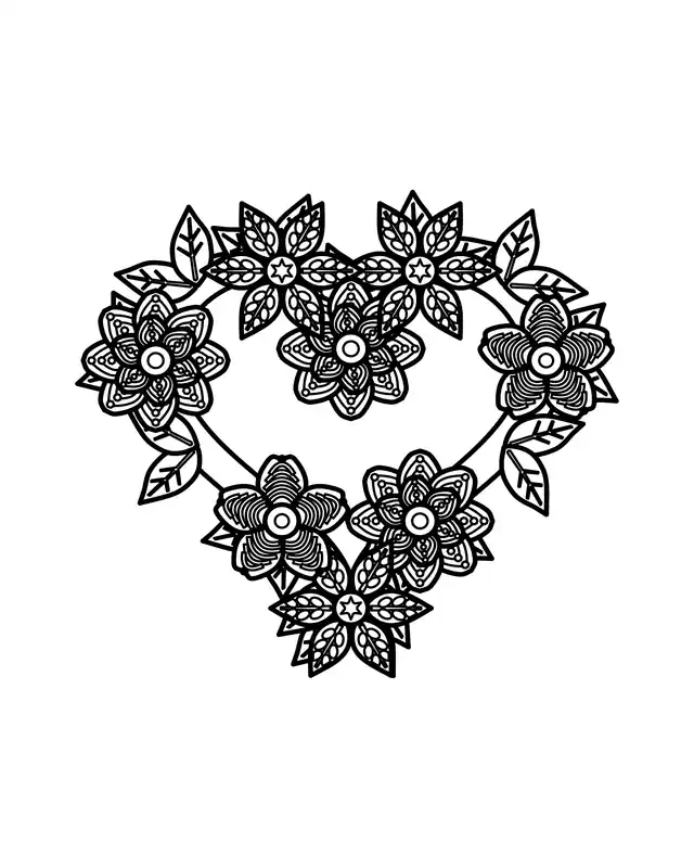Heart-shaped wreath of patterned flowers and leaves with an open center for a note or drawing.