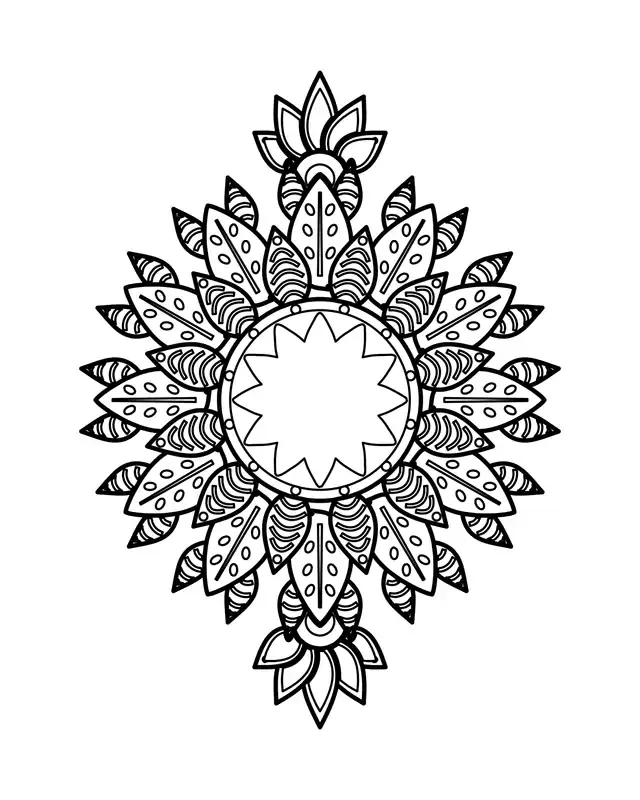 Floral mandala coloring page for adults with rings of patterned petals radiating from a star-shaped center, ending in pointed floral tips.