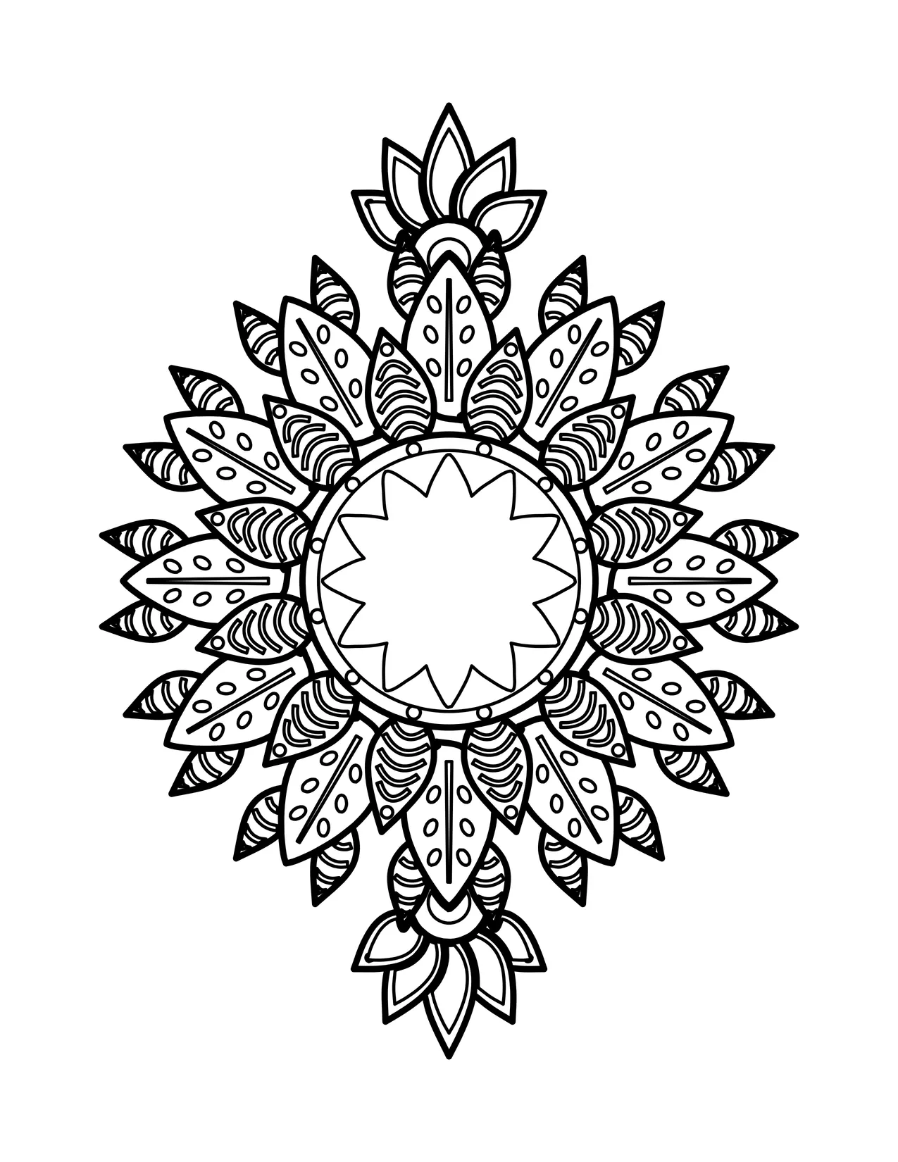 Floral mandala coloring page for adults with rings of patterned petals radiating from a star-shaped center, ending in pointed floral tips.
