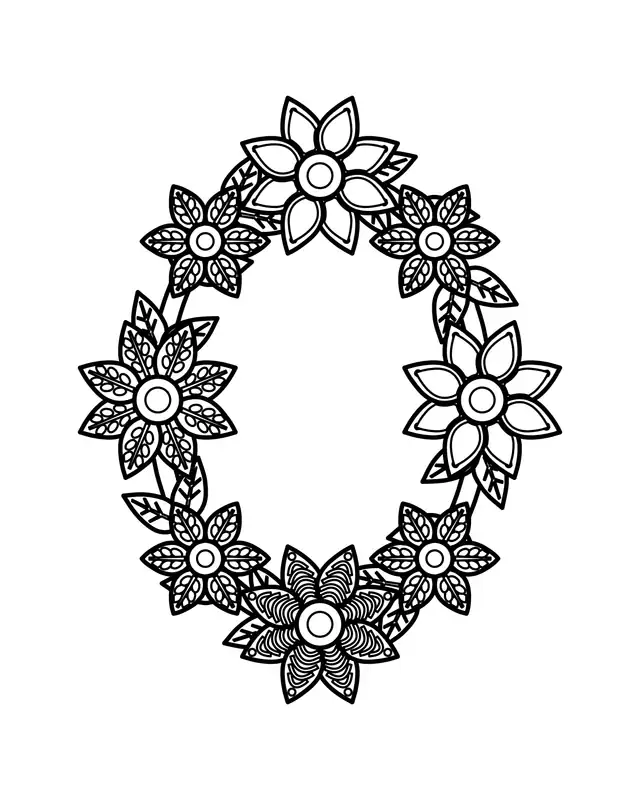 Intricate oval floral wreath coloring page for adults with patterned blossoms and leaves arranged around an empty center.
