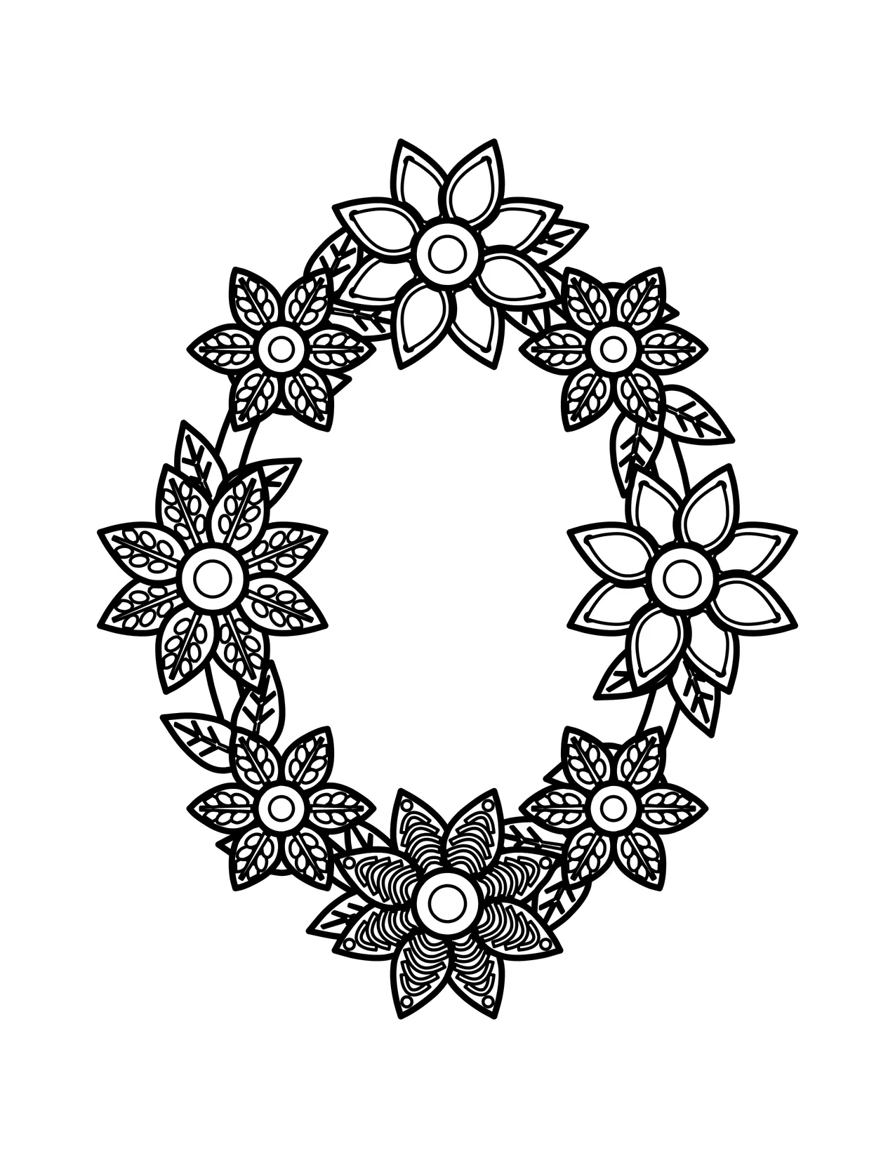Intricate oval floral wreath coloring page for adults with patterned blossoms and leaves arranged around an empty center.