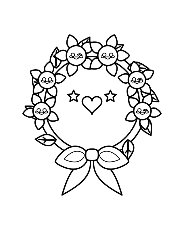 Kawaii flower crown coloring page: a round wreath of small smiling flowers and leaves tied with a big bow, with a heart and stars in the middle.