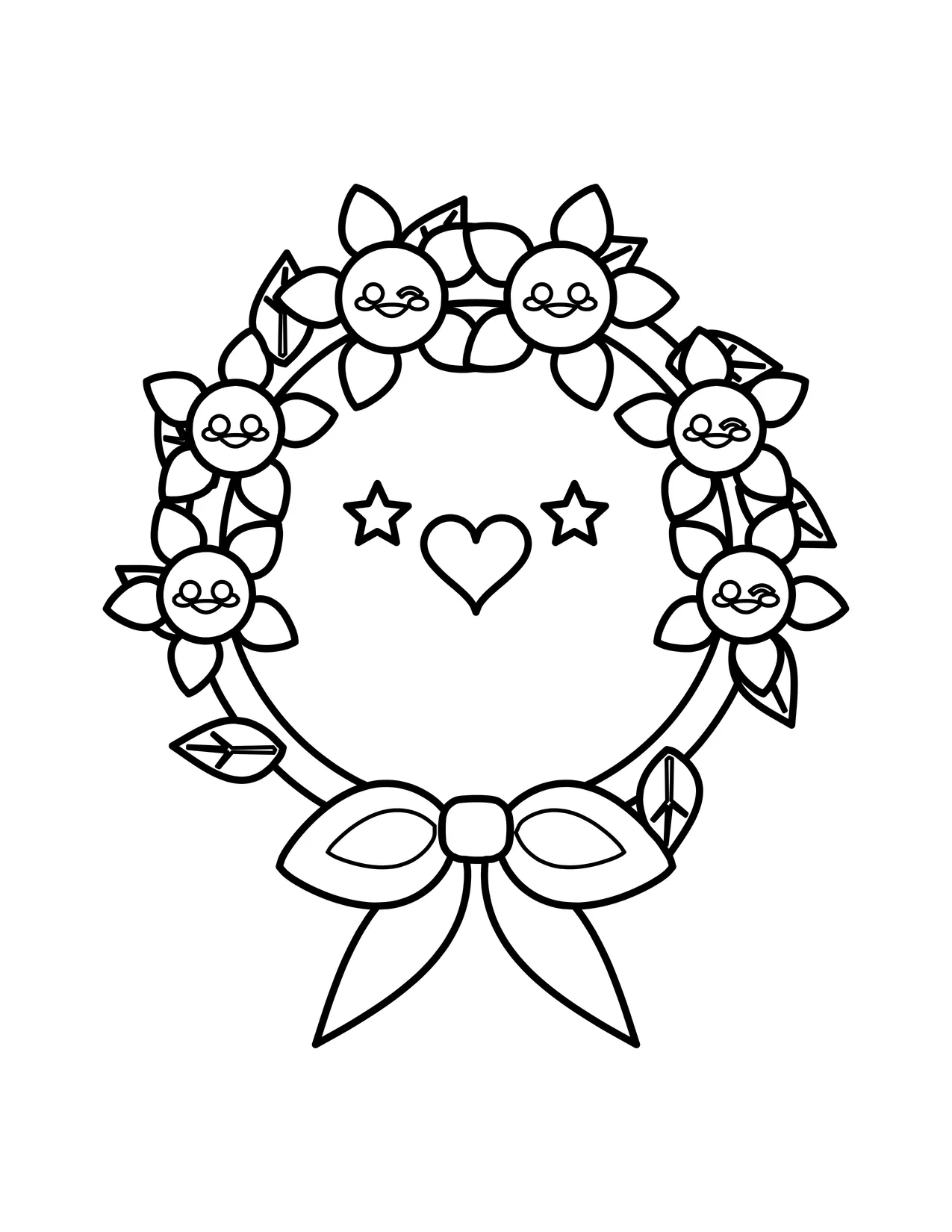 Kawaii flower crown coloring page: a round wreath of small smiling flowers and leaves tied with a big bow, with a heart and stars in the middle.