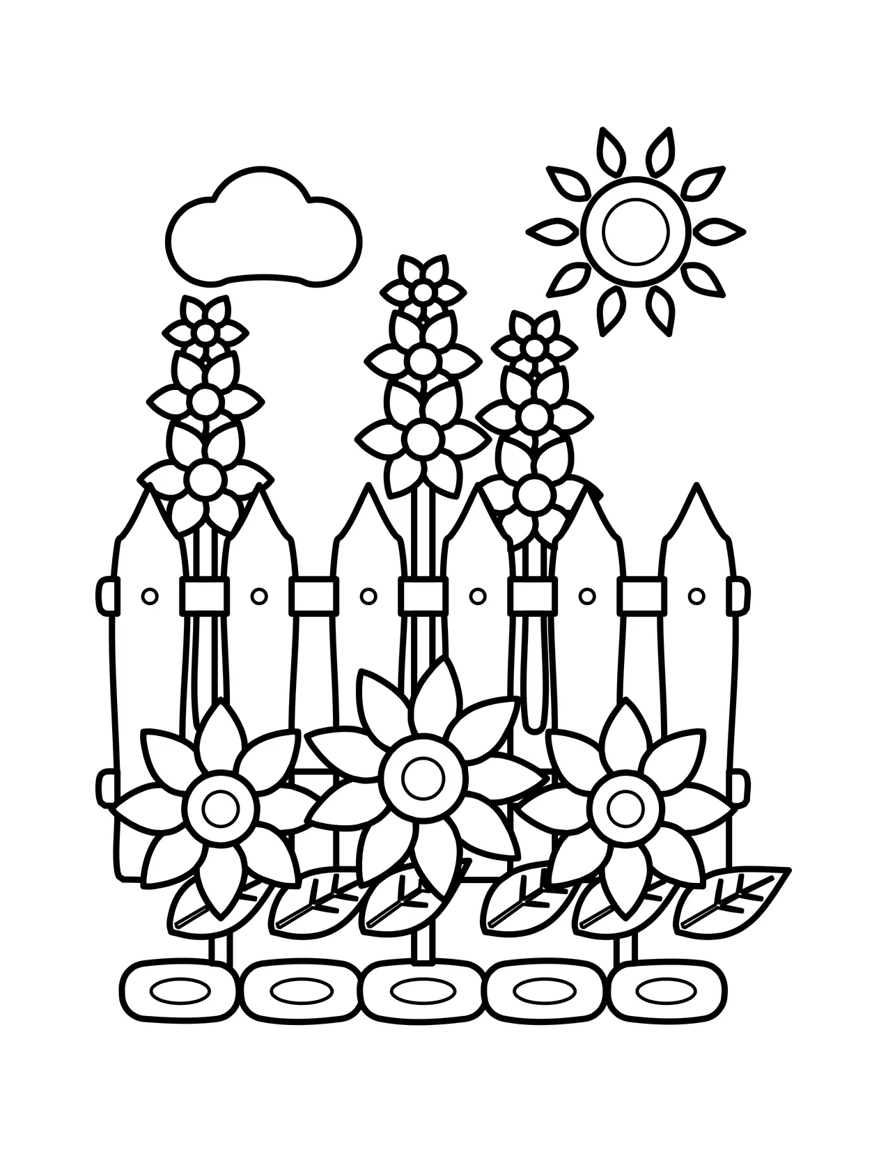 Flower garden coloring page with a wooden picket fence, tall flowers growing behind it, flowers in front, a sun and a cloud.