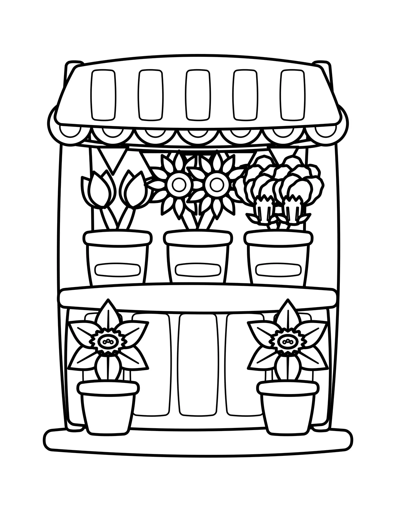Flower shop market stall with a striped awning, three pots on a shelf and two potted daffodils on the ground.