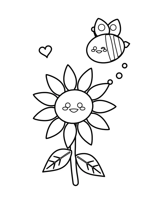 Cute coloring page of a smiling flower on a stem looking up at a chubby striped bumblebee with a little heart and bubbles nearby.
