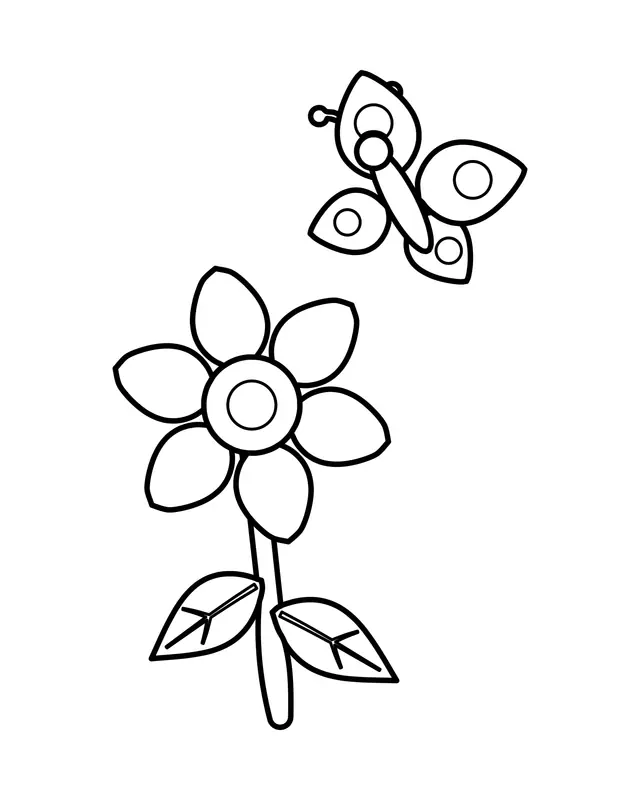 Easy coloring page of a simple flower on a stem with two leaves and a small spotted butterfly flying above it.