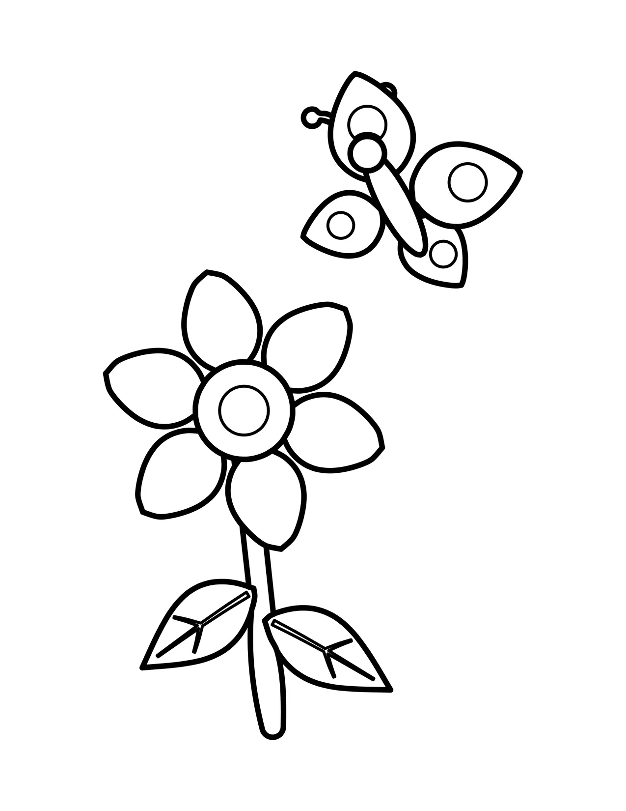 Easy coloring page of a simple flower on a stem with two leaves and a small spotted butterfly flying above it.