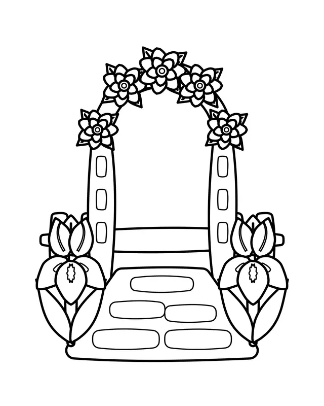 Garden path coloring page with stepping stones leading through a flower-covered arch, flanked by two irises.