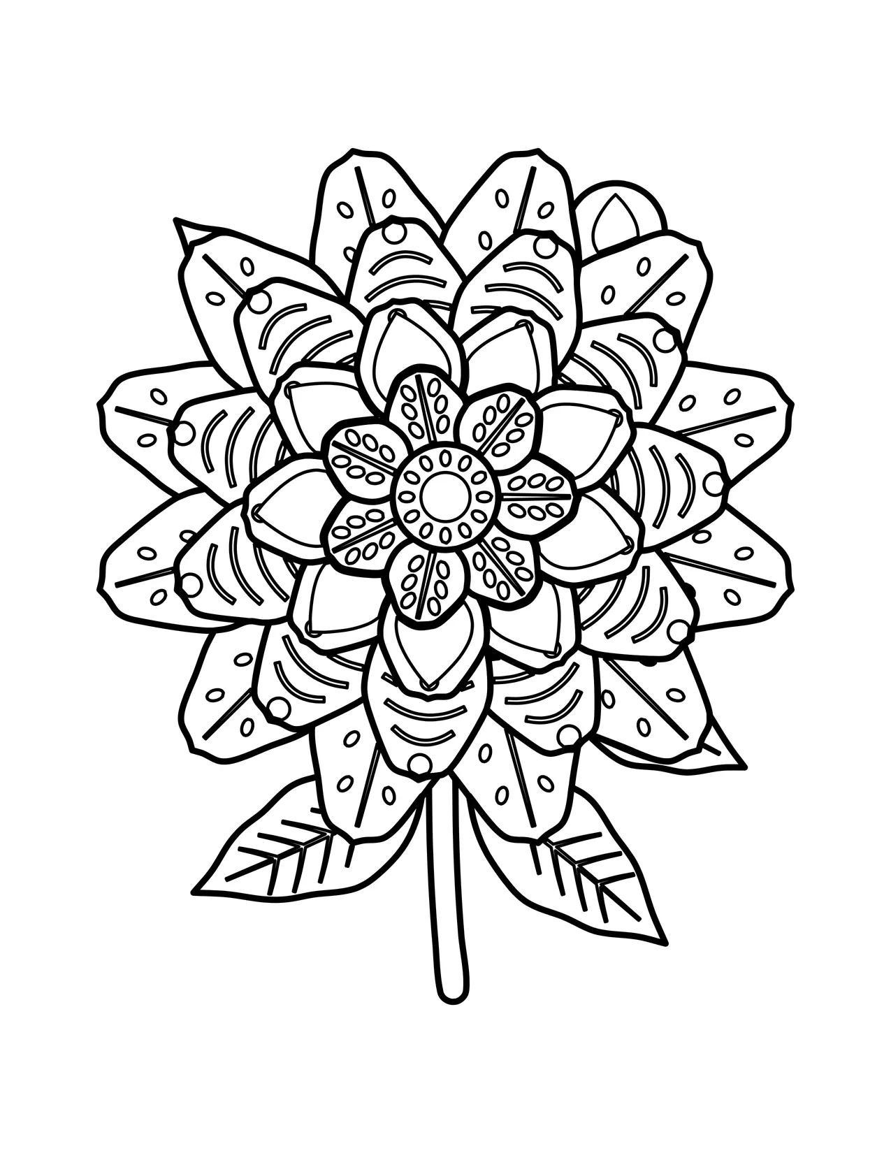 Detailed peony coloring page for adults showing a full bloom of rounded, layered petals, each filled with small decorative patterns, with leaves.